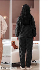 Women's winter jacquard night suits with woolen fur (fleece), set includes long-sleeve round pajama top and bottom in solid pattern. Eco-friendly, high-quality wool sleepwear for warmth during cold nights. Made in India